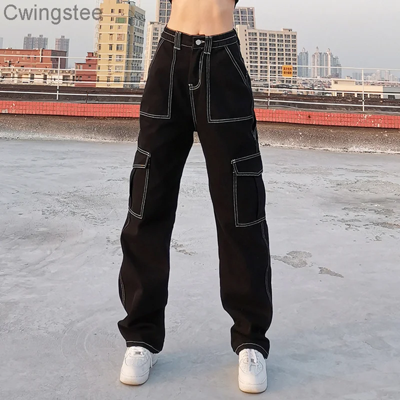 

2021 New summer Thread Black Cotton Jeans Women Casual Loose Straight Long Trousers Ladies Harajuku Punk Fashion Pants Capris