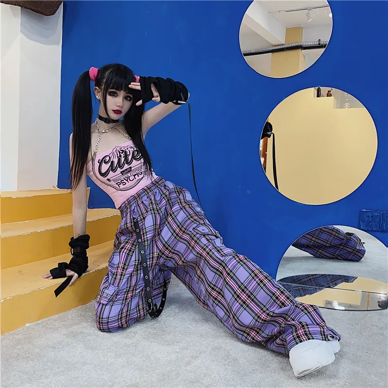 Y2K Cargo Pants Women Hippie Purple Plaid Pants Harajuku Streetwear Chain Checked Trousers High Waist Aesthetic