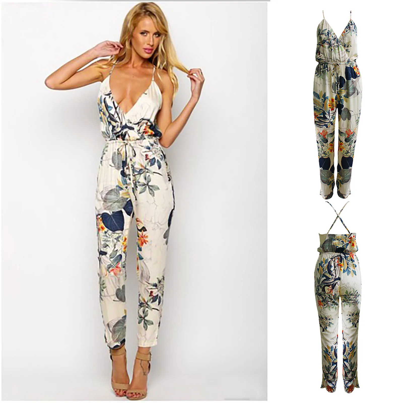 

Женский Длинный брючный комбинезон, Летний комбинезон с V-образным вырезом, открытой спиной, без рукавов, с принтом, 2021