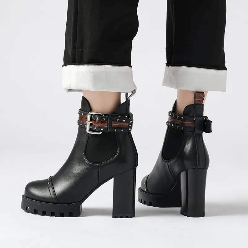 

ASUMER 2021 top quality genuine leather shoes women ankle boots rivet buckle high heels platform boots woman dress party shoes