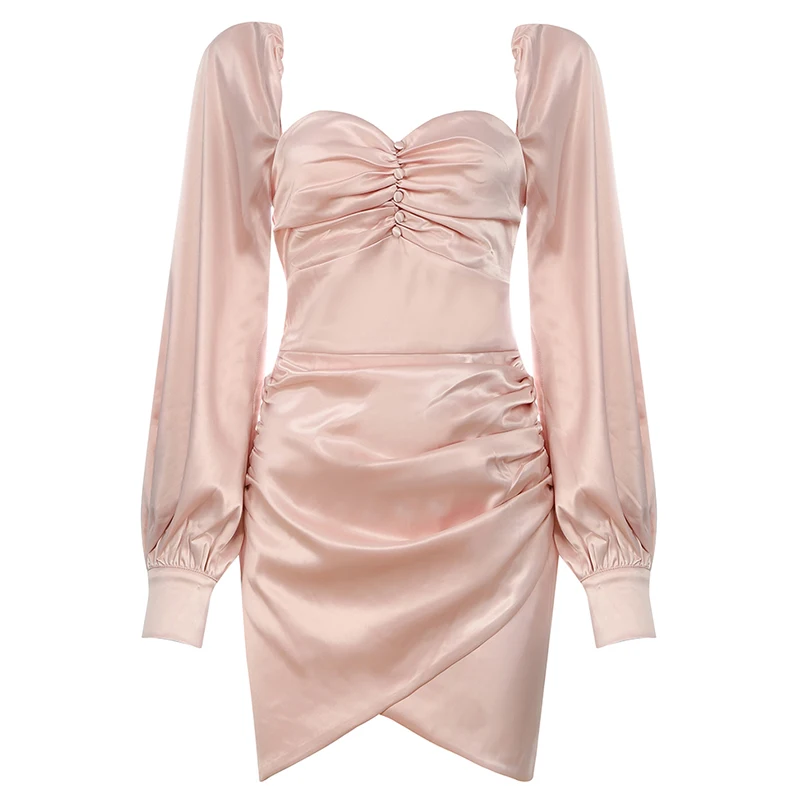 

Max Spri Sexy Square Neck Long Puff Sleeve Ruched Mini Dress 2019 New Bodycon Women Party Club Vestidos