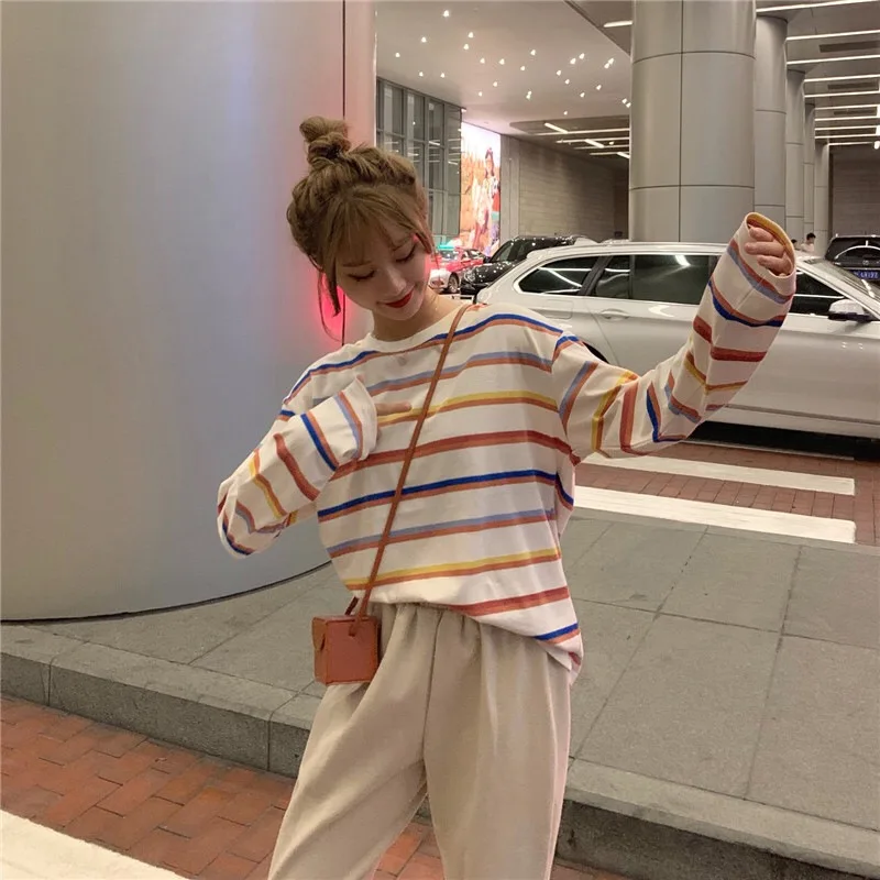 Радужная футболка для женщин в полоску Kawaii одежда Harajuku корейский Стиль Уличная Эстетическая с длинным рукавом Осень Roupas Feminina О образным вырезом