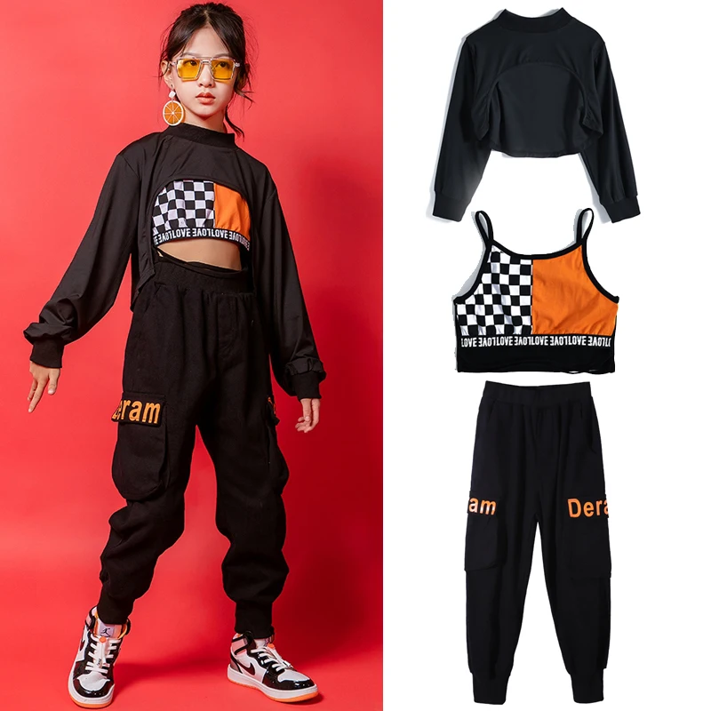 

Hip Hop Girls Clothing Crop Tops Lattice Vest Black Pants For Children Casual Wear Jazz Performance Stage Outfit Rave DNV14408