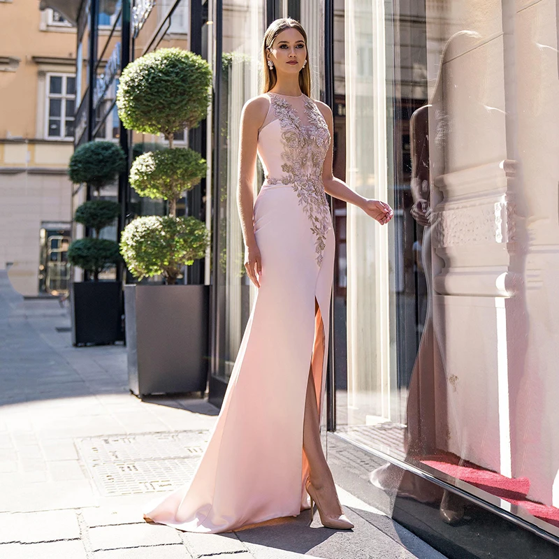 

UZN Elegant Evening Dress Mermaid O-Neck Sleeveless High Split Appliques Satin Prom Gown Sexy Party Dress Customize