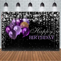 silver black happy birthday background shiny sequin purple balloons string lights bokeh photography backdrop party decorations