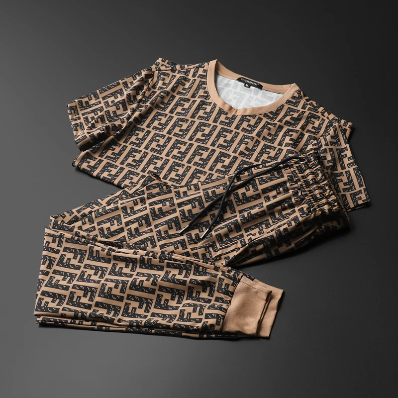 

2021 new Le design fashion men's European station double F summer new light luxury high-end mercerized cotton printed short slee