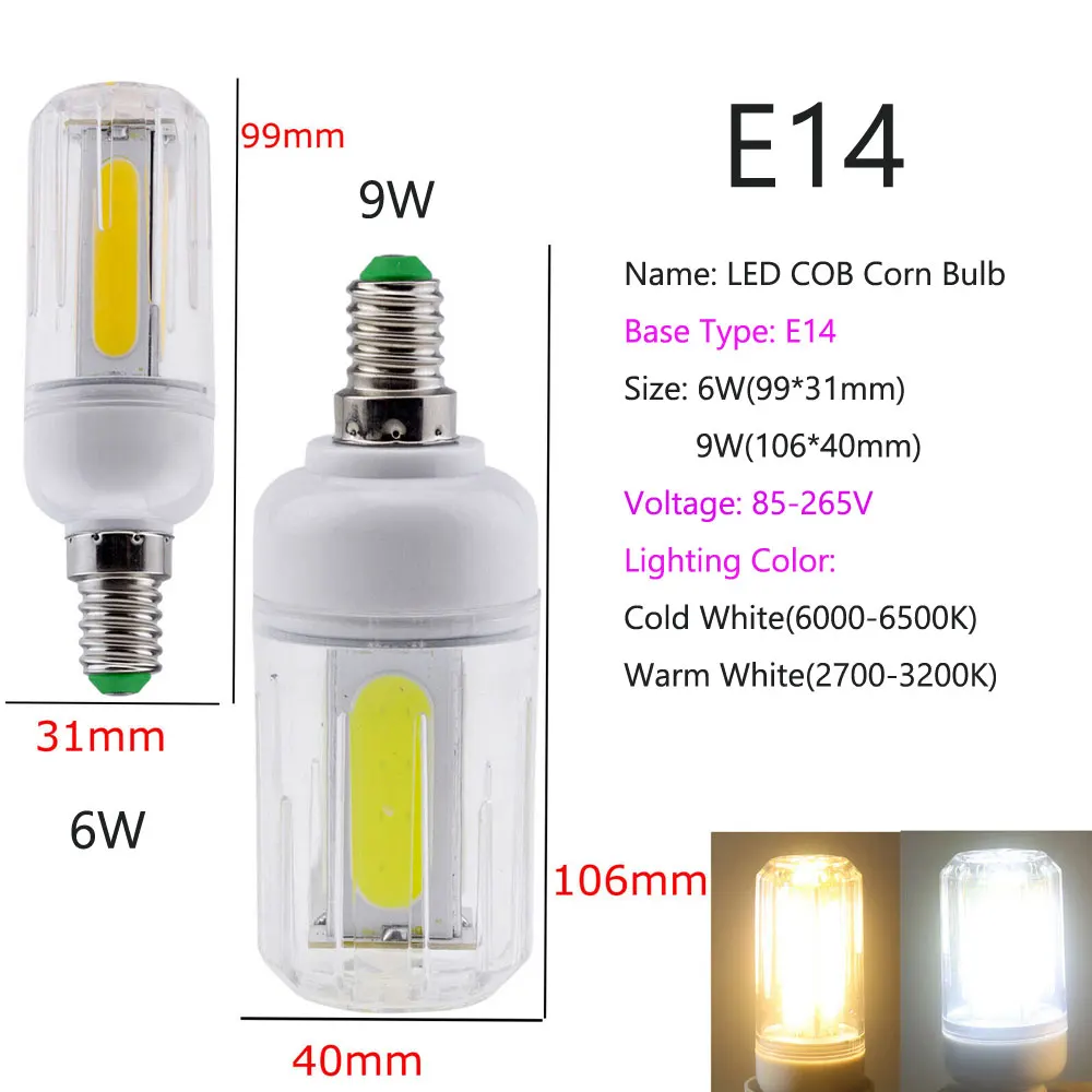 Высокая Мощность E14 COB Светодиодная лампа-кукуруза 6 Вт 9 E27 светодиодный лампы B22 E12