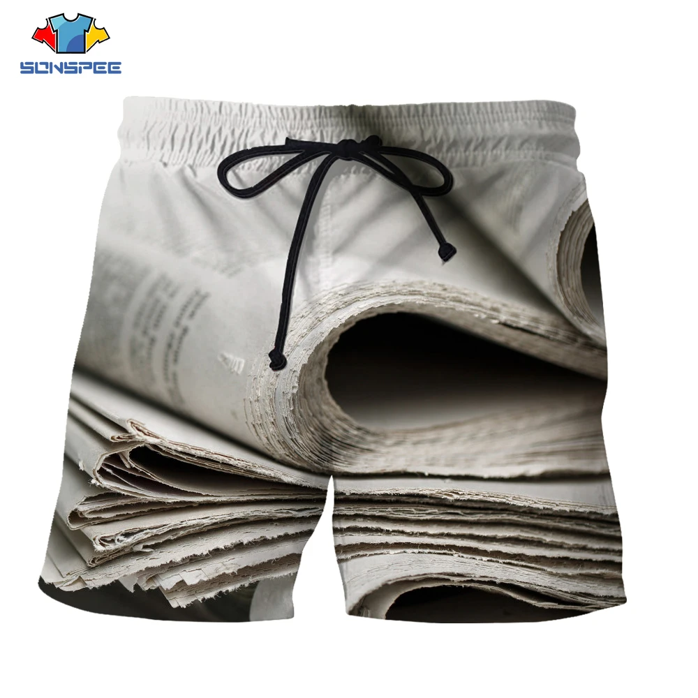 

SONSPEE Summer Men 3d Print Retro Newspaper Style Funny Board Shorts Mens New Swimming Shorts Party Fashion Casual Shorts