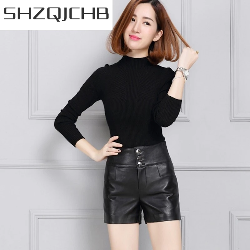 JCHB 2021 Female New Fashion Korean Style Straight Shorts Sheepskin Leather High Waist Casual Streetwear Punk High Quality Trous