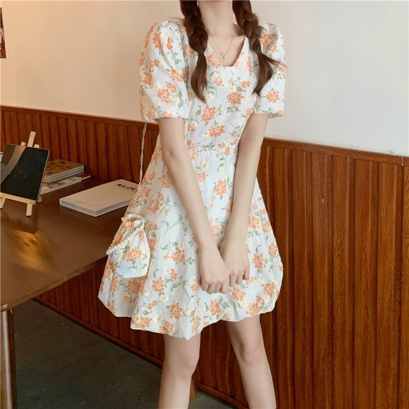

Vintage Elegant Floral Dress Women Puff Sleeve Design Sweet Boho Beach Dress Casual Holiday Kawaii Y2k Summer Women's Dress 2021