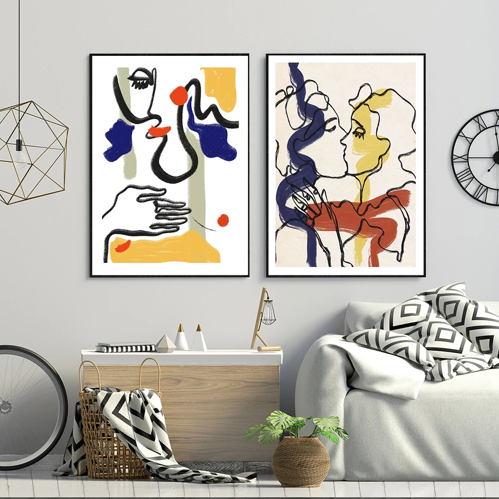 

Nordic Minimalist Abstract Line Kiss Art Posters Prints Vase Canvas Painting Wall Pictures For Living Room Bedroom Home Decor