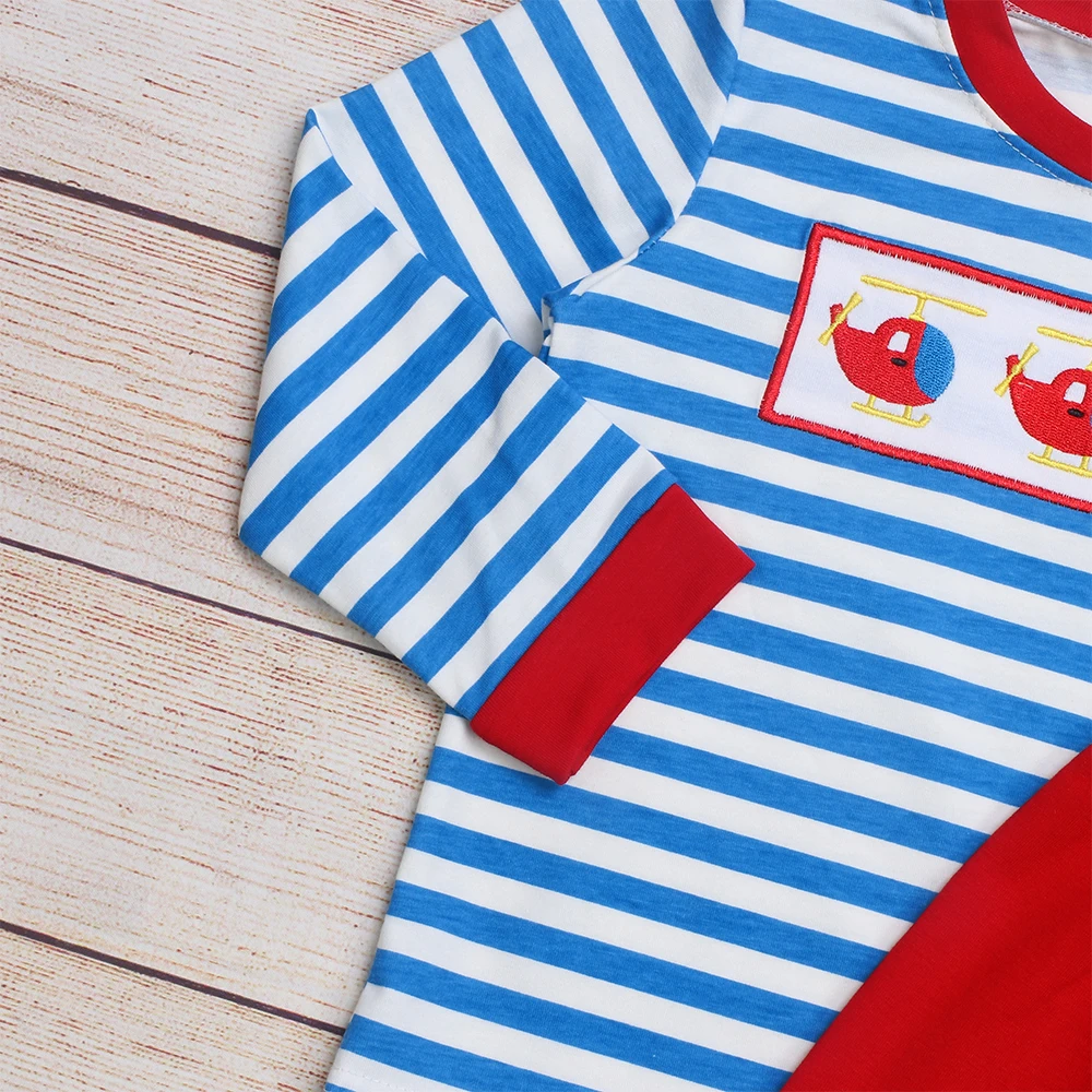 New Style Small Airplane Embroidery Long Sleeve Boy T Shirt Red Pants Cute Kids Boutique Clothing For Spring Autumn