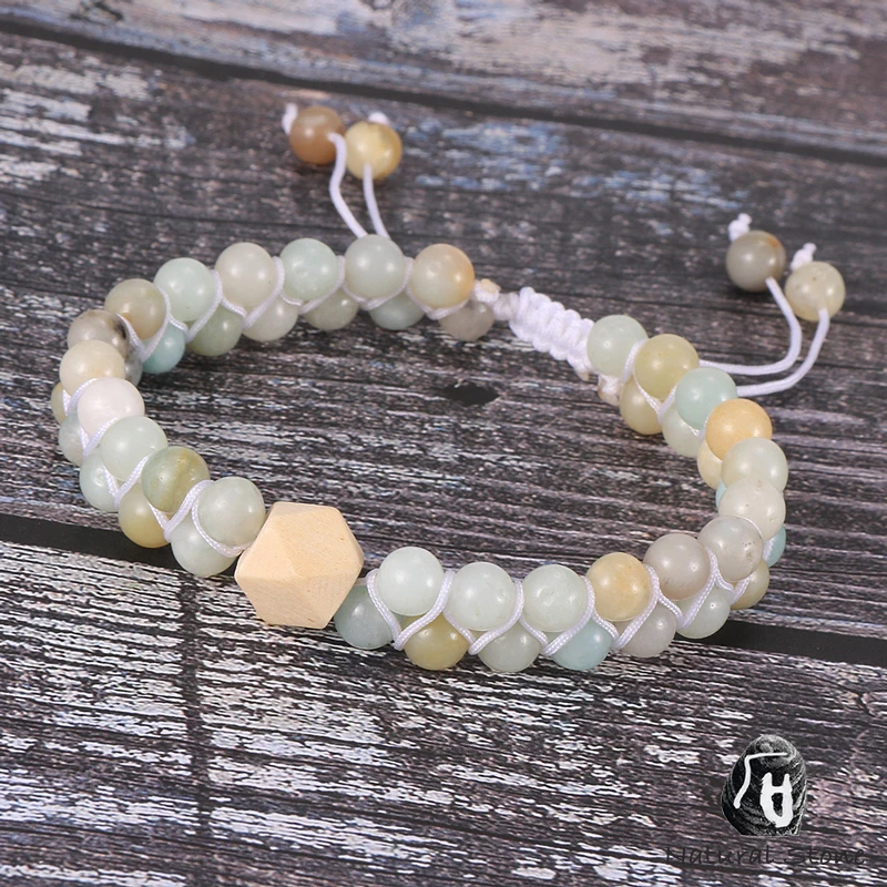 Женский браслет с натуральным амазонитом и бусинами для девушек деревянный 2