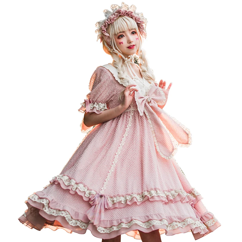 

2020 summer lolita dress sweet lace bowknot rabbit ears kawaii dress high waist gothic lolita op short sleeve victorian dress