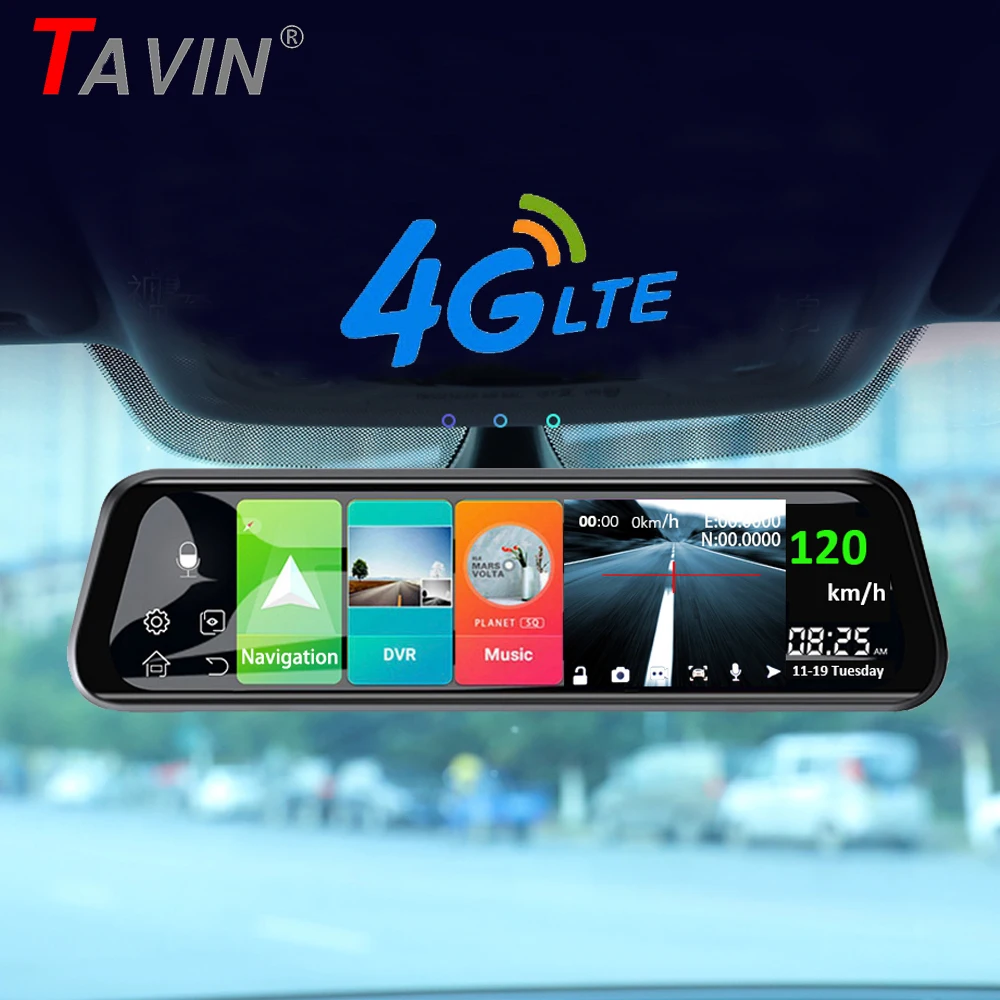 TAVIN 4G Android 8.1 видеорегистратор 10-дюймовый сенсорный экран зеркало заднего вида