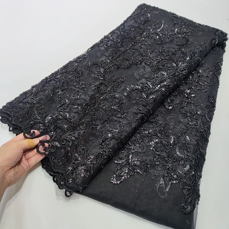 

Черный материал с блестками и бусинами, Высококачественная нигерийская Тюлевая кружевная африканская кружевная ткань, французская сетчат...