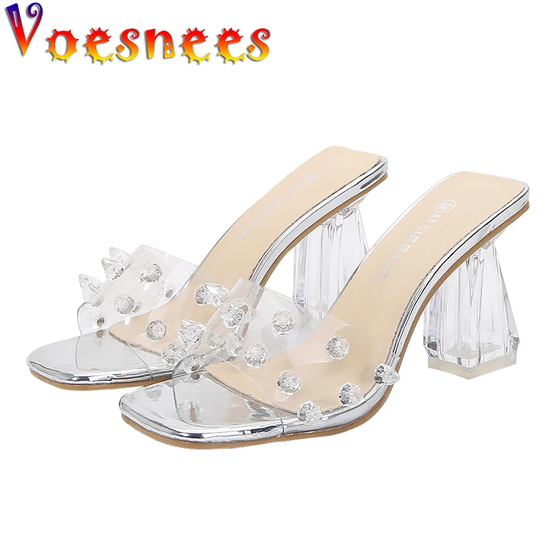 

Voesnees 2021 New Arrivel Women Shoes Crystal Slippers Open Toed High Heels Women Transparent Sexy Heel Square Heel Sandals
