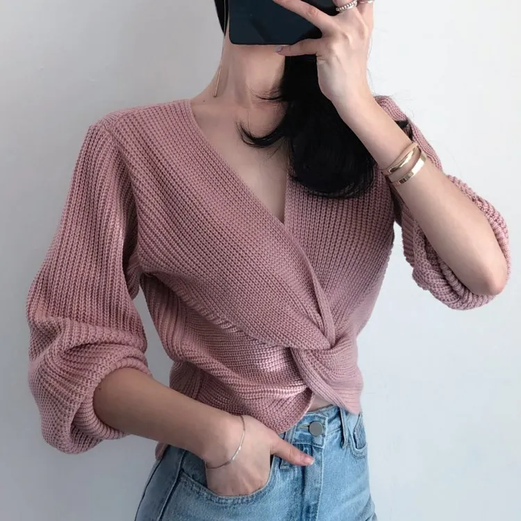 Корейские вязаные Джемперы винтажные пуловеры длинный рукав v-образный вырез