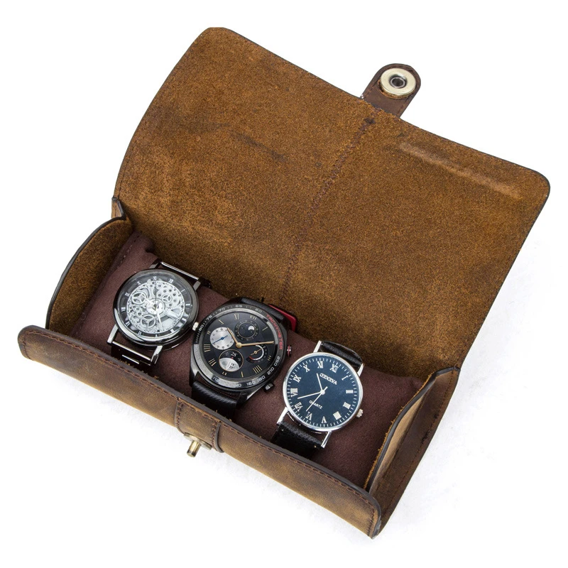 

Cow Leather 3 Slot Watch Box Handmade Watch Roll Travel Case Wristwatch Pouch Exquisite Retro Slid in Out Organizer