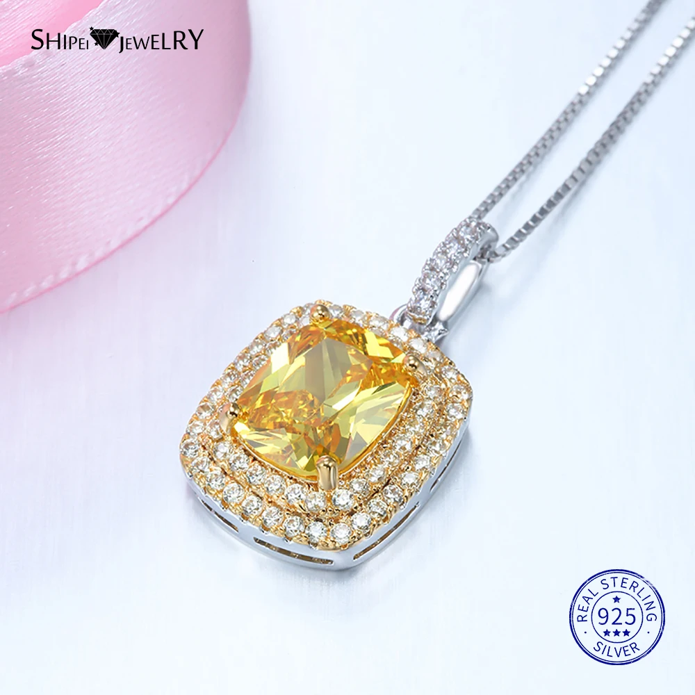 Shipei, 925 пробы, серебряные ювелирные изделия, набор, роскошный, желтый сапфир, квадратные висячие серьги, подвеска, ожерелье, кольцо для женщин