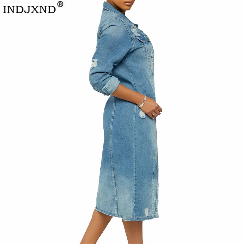 

INDJXND Women Basic Holes Jacket Long Sleeve The Denim Coat Loose Street Style Outwear Spring Autumn Turn-Down Collar Outerwear