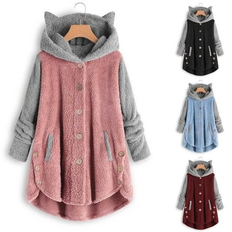 

Warm Winter Hoodie Women Fleece Patchwork Button Asymmetric Funny Cat Ear Oversize Pullover Sweatshirt S-5XL 121962WSA