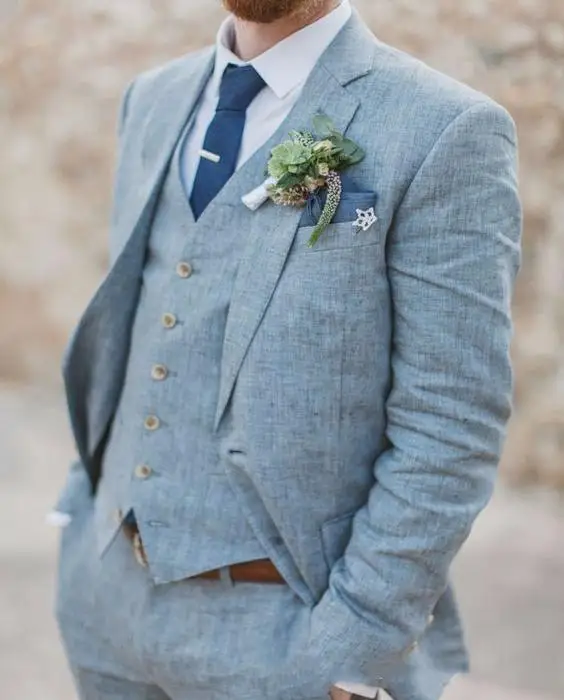 Goede Lente Zomer Custom Made Lichtblauw Linnen Mannen Suits Wedding Suits Slim Fit 3 Stuks Tuxedos Best Man Suits (jas + Broek + Vest)