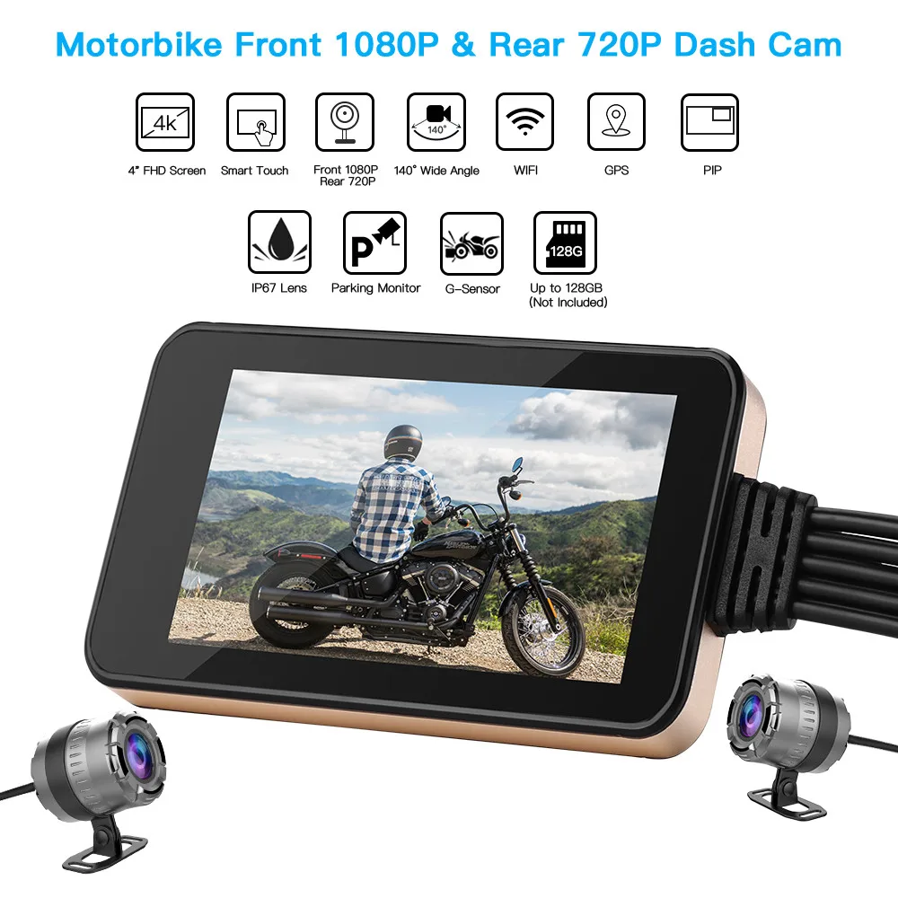 WONVON Dash камера мотоциклетная с сенсорным экраном WiFi Moto gps 4 &quot140 ° двойной DVR HD Cam1080P