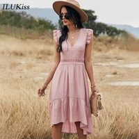 summer women sleeveless midi dress 2021 fashion hollow out ruffle pink lace slim womens elegant dresses casual ladies clothes