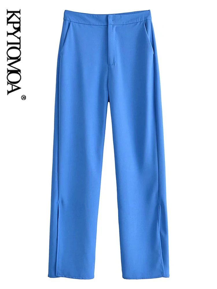 

KPYTOMOA Women Fashion Side Pockets Vents Hem Wide Leg Pants Vintage High Waist Zipper Fly Female Trousers Mujer