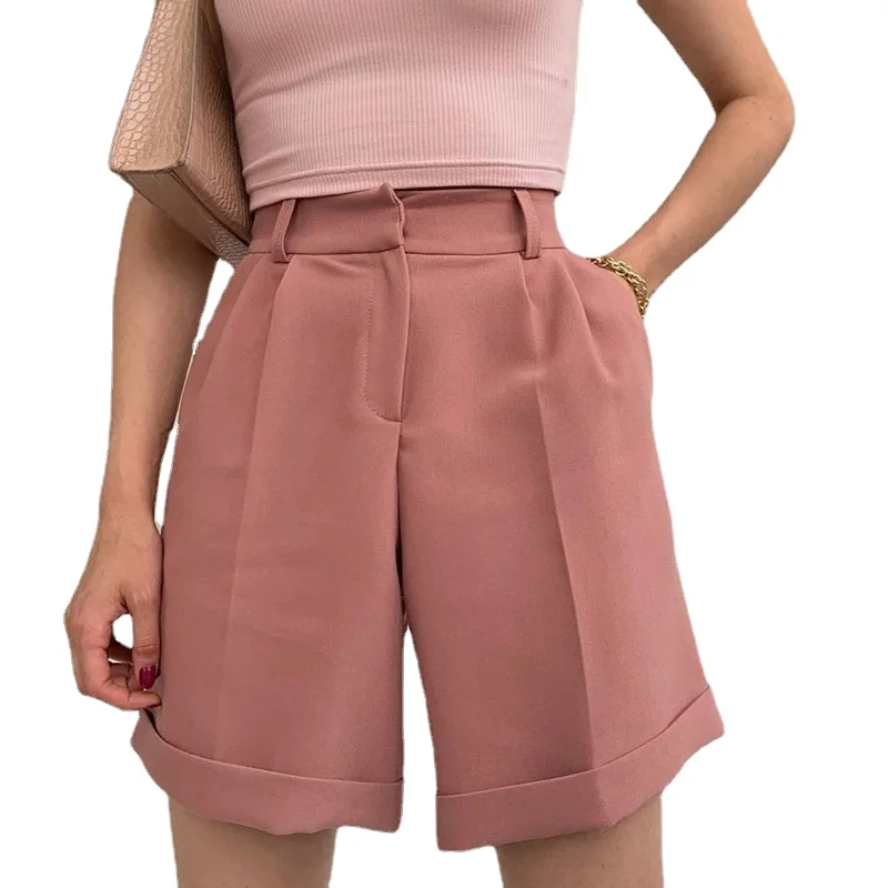 

2021 new Semicy women's pants material flanging and pocket zipper buttons solid color fashion urban casual pants shorts women