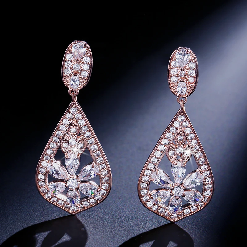 UILZ Винтажные серьги капельки из розового золота B в форме цветка и полые CZ