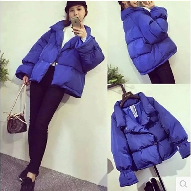 Женская зимняя коллекция 2019 куртка с воротником стойкой однотонная черная синяя