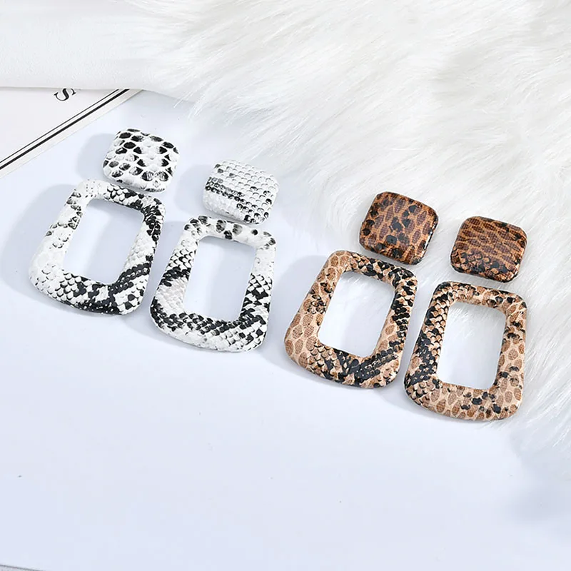 Pu wrapped cloth button imitation animal skin leopard snake trapezoid Ear Studs Earrings DIY accessories | Украшения и аксессуары