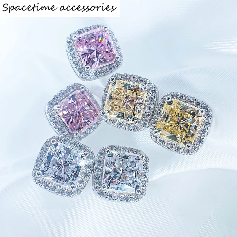 

EarringSterling Silver Wedding Stud Earrings For Women Sparking Full Zircon 7mm Pink Yellow White High Carbon Diamond Jewelry