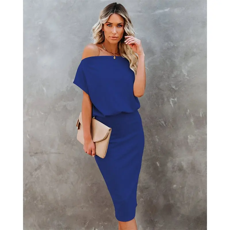

2021 Summer Casual Short-sleeved One-word Collar Oblique Shoulder Waist Bag Hip Pencil Dress Waist Tight Slimming Dress