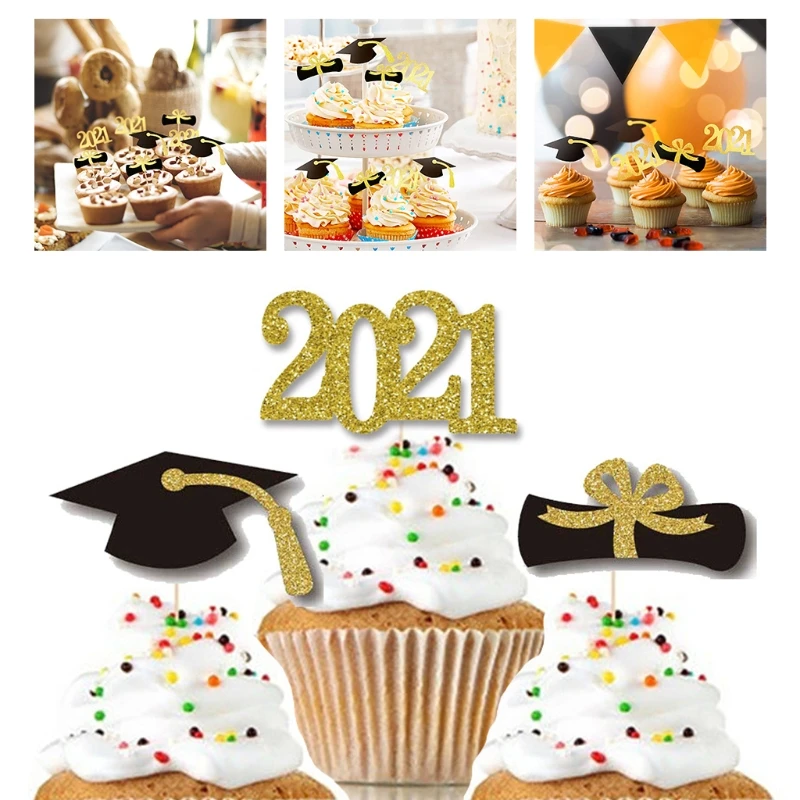 

2021 Graduation Paper Cupcake Toppers, 48 PCS Food Appetizer Picks For Graduation Party Mini Cake Decorations, Grad Cap Set H3CC