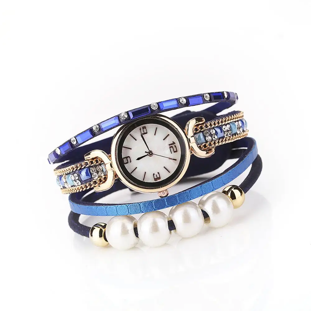 Изысканные женские модные часы с кожаным синим ремешком стразы аналоговые