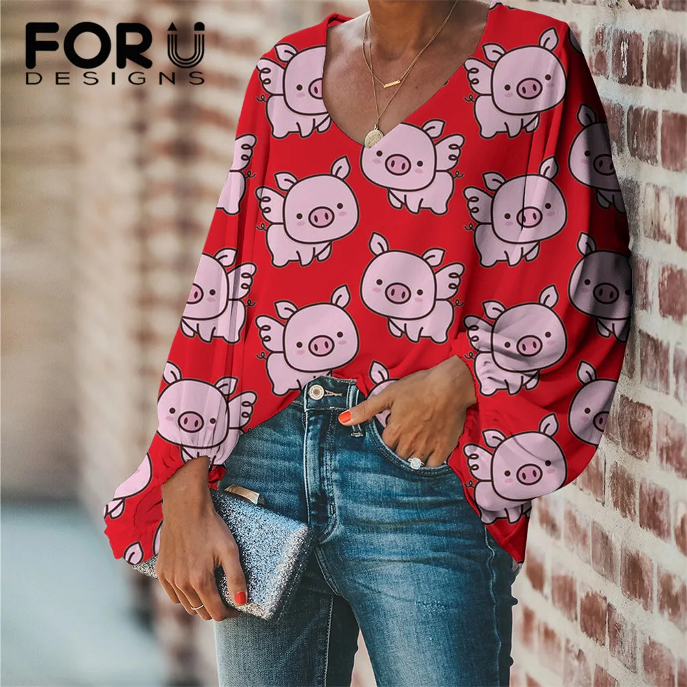 

FORUDESIGNS Large Size Blouse Women Cartoon Pig Pattern Ladies Blouses 2021 Casual Loose Long Sleeve Shirt Tops Plus Size V-neck