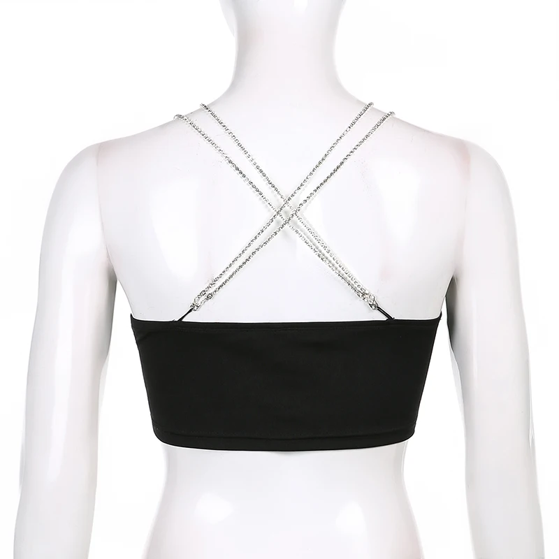 

Rhinestone Strap Black Y2k Crop Tank Tops Women Fashion Summer 2021 Punk Tee Sleeveless Gothic Shirt Camis Pulovers Streetwear