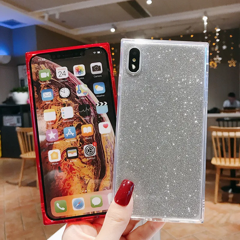 Роскошный блестящий квадратный чехол для телефона iPhone X XR XS Max мягкий силиконовый