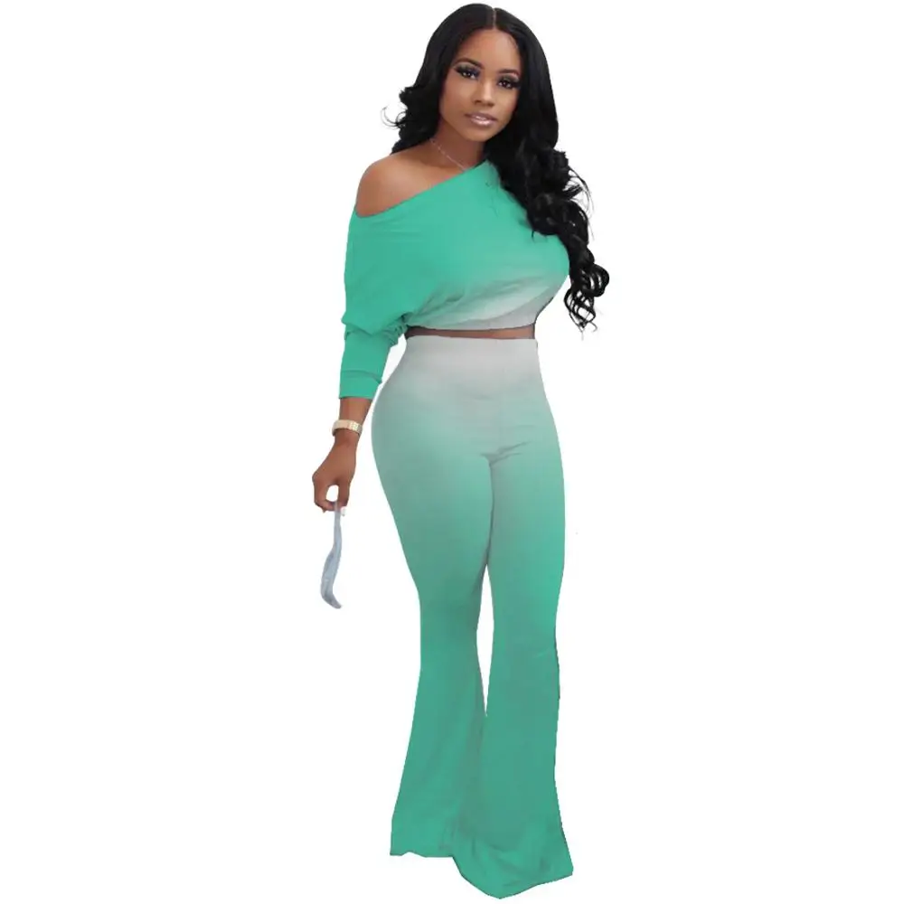 

2021 Hot Sale Women Solid Two Piece Set Fashion Slash Collar Long Sleeves+Casual Pants Gradual Change Colors Sport Outfit