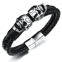 punk mens bracelet stainless steel with braided leather skull heads charms skeleton bangle jewelry 22cm