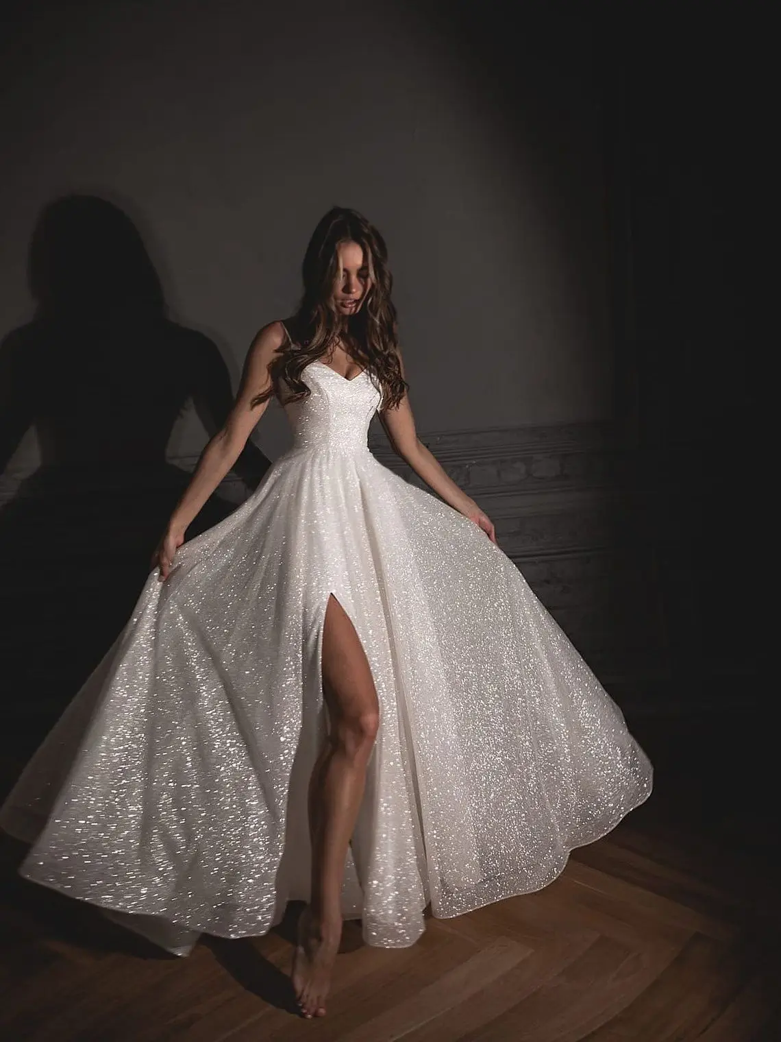

New Sparkly White Glitter Ball Vestido De Novia V Neck Bridal Gowns 2022 Long Split Fork Train Removable Sleeves Wedding Dresses