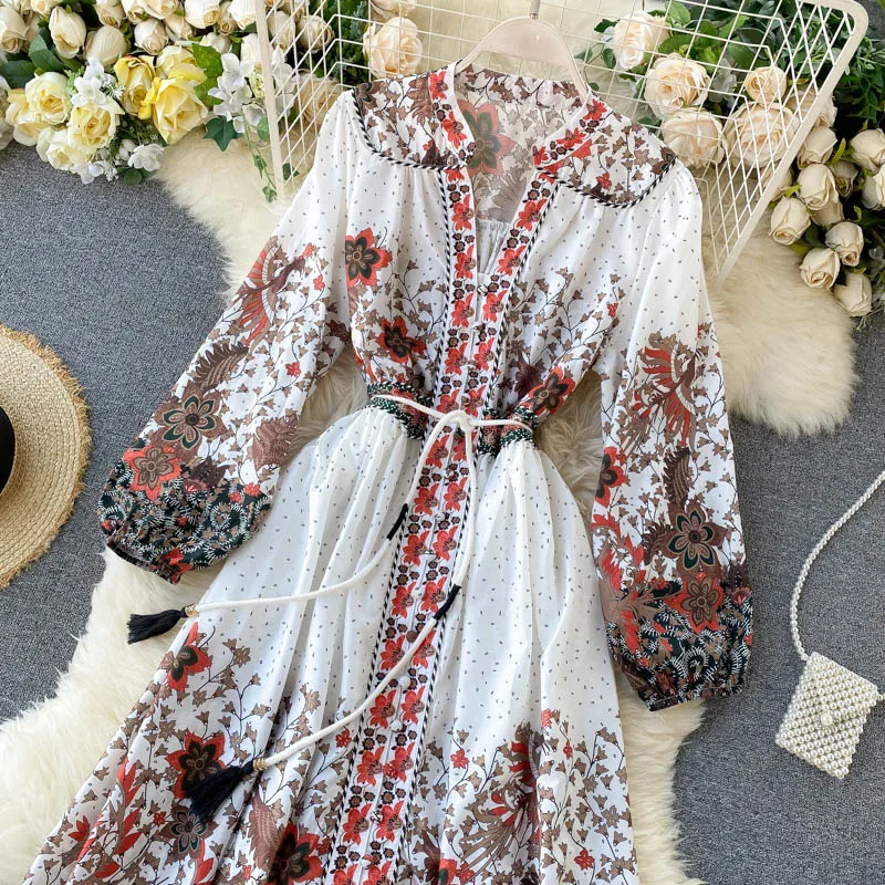 

Runway Autumn ladies dresses new arrival elegant luxury Flowers floral print long sleeve party beach dress women robes