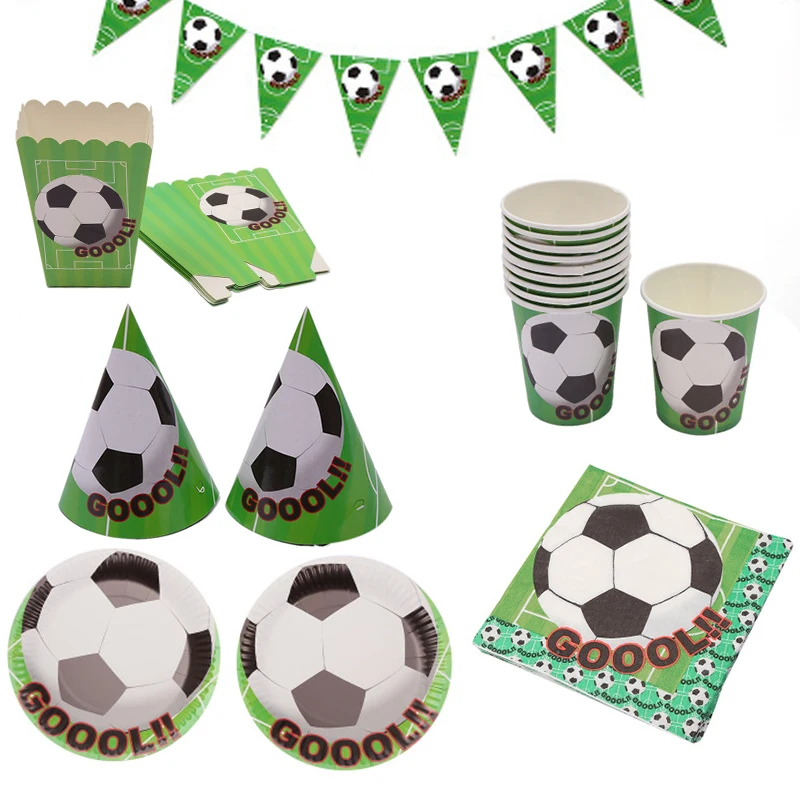 Soccer Football Kids Boy Birthday Party Decoration Cup Plate Napkin Banner Hat Straw Loot bag Tablecloth Party Supplies Set emoji expressio kids birthday party decoration set party supplies cup plate banner hat straw loot bag fork disposable tableware