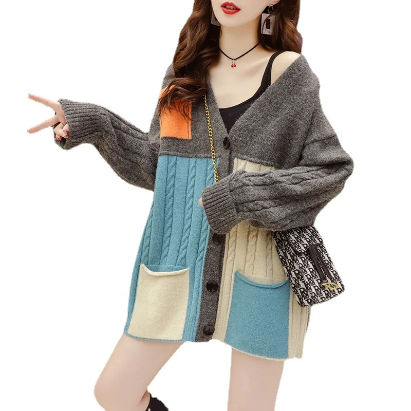 

SuperAen Patchwork Twist Thread V-Neck Sweater Jacket Women's Loose Autumn and Winter New All Match Cardigans