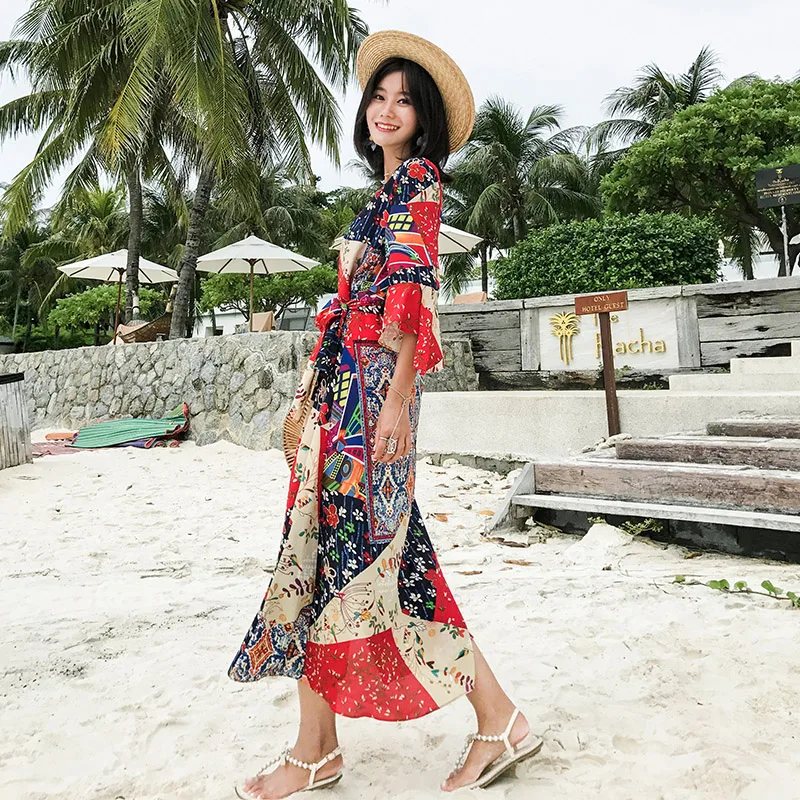 Женское летнее длинное платье тонкое с V-образным вырезом шифоновая пляжная юбка