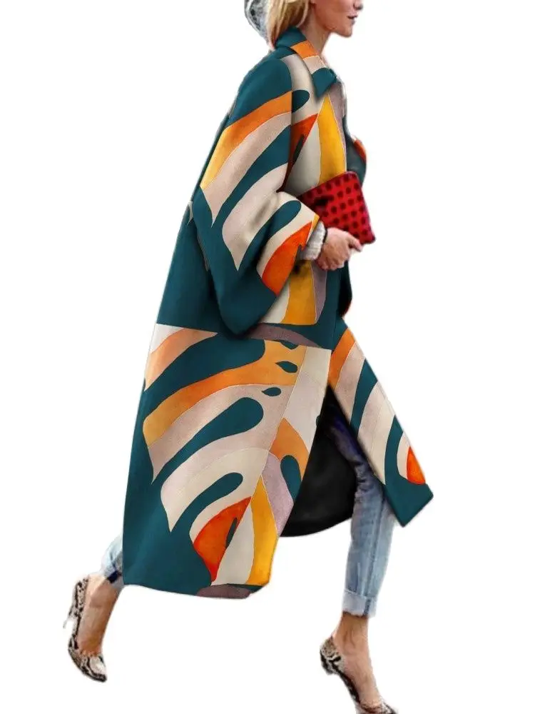 

New Digital Printed Coat Jacket Womens 2020 Winter Lapel Flare Long Sleeve Button Fashion Elegant Loose All Match Warm Long Coat