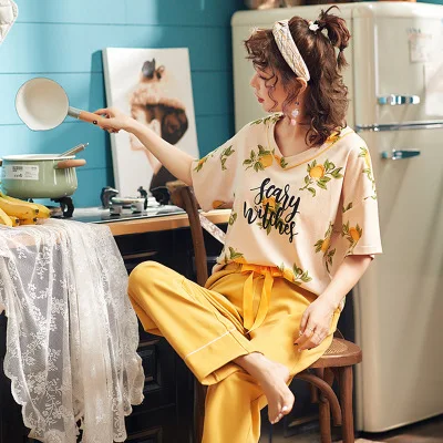

Large Size Casual Home Clothes for Women Short Sleeve Long Pant Pajamas Set Spring Autumn Cotton Pijama Cute Cartoon Pyjama Suit